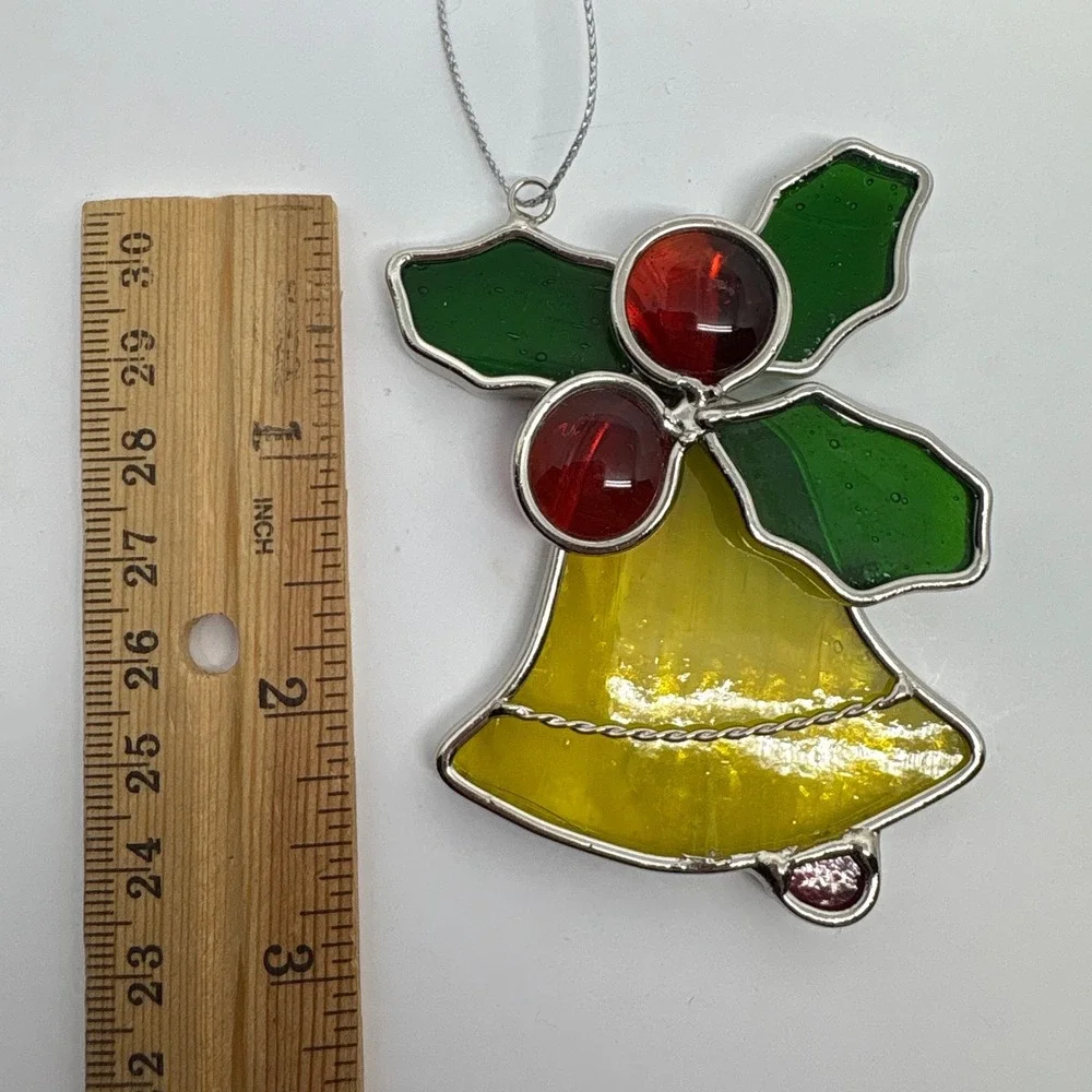 Stained Glass Bell Ornament Holly Berries Christmas Tree Decor Festive Red Green
